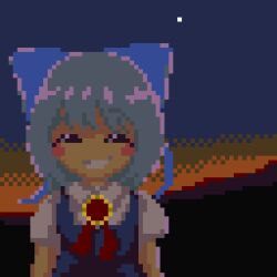 Rule 34 | 1girl, aqua hair, blue bow, blue dress, blush stickers, bow, breasts, cirno, closed eyes, dress, facing viewer, flower, hair bow, happy, james at pi (fuwafuwacatgirl), lowres, medium hair, open mouth, outdoors, pinafore dress, pixel art, puffy short sleeves, puffy sleeves, shirt, short sleeves, sleeveless dress, small breasts, smile, solo, sunflower, tanned cirno, teeth, touhou, upper body, white shirt