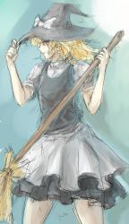 Rule 34 | 1girl, absurdres, broom, female focus, gradient background, hand on headwear, hat, hat tip, highres, kirisame marisa, profile, sketch, solo, stoplight (artist), touhou, witch, witch hat