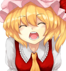 Rule 34 | 1girl, ascot, bad id, bad pixiv id, blonde hair, closed eyes, female focus, flandre scarlet, hat, hat ribbon, highres, open mouth, ribbon, short sleeves, side ponytail, smile, solo, sudako (dai011305), touhou, white background