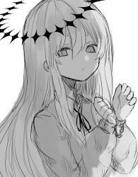 Rule 34 | 1girl, absurdres, chain, closed mouth, collared shirt, cuffs, dress shirt, gekiyaku, greyscale, hair between eyes, handcuffs, highres, long hair, long sleeves, looking at viewer, monochrome, neck ribbon, poono, puffy long sleeves, puffy sleeves, ribbon, shirt, short eyebrows, simple background, sketch, solo, thick eyebrows, upper body, utau, very long hair, white background