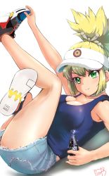 Rule 34 | 1girl, blonde hair, blouse, blue shirt, breasts, cleavage, dr. stone, green eyes, kohaku (dr. stone), picolette xiii, shirt, shoes, short shorts, shorts, simple background, sleeveless, sleeveless shirt, smile, sneakers, solo, tagme, thighs, white background