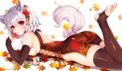 Rule 34 | 1girl, ahoge, alternate costume, animal ear fluff, animal ears, ass, autumn leaves, backless dress, backless outfit, black gloves, black legwear, breasts, bridal gauntlets, china dress, chinese clothes, dress, elbow gloves, gloves, hair ornament, highres, inubashiri momiji, jpeg artifacts, leaf, leaf hair ornament, looking at viewer, lying, marota, medium breasts, mouth hold, no bra, no panties, on stomach, pom pom (clothes), red eyes, simple background, solo, stirrup legwear, tail, tassel, toeless legwear, toes, touhou, twitter username, white background, white hair, wolf ears, wolf tail