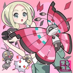 Rule 34 | 1girl, :o, blonde hair, camera, commentary request, creatures (company), evolutionary line, eyelashes, game freak, gen 6 pokemon, green eyes, green pants, hands up, highres, holding, holding camera, looking at viewer, nintendo, open mouth, pants, pink background, pokemon, pokemon (creature), pokemon xy, scatterbug, shirt, sidelocks, sleeveless, sleeveless shirt, sparkle, spewpa, sutokame, viola (pokemon), vivillon, white shirt