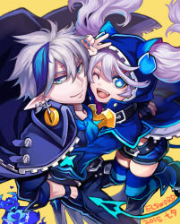 Rule 34 | 10s, 1boy, 1girl, 2015, ;d, ascot, belt, bishounen, blue hair, blue nails, blue shorts, blue thighhighs, chiliarch (elsword), ciel (elsword), coat, copyright name, dreadlord (elsword), earrings, elsword, gloves, hand on own hip, hood, horns, jacket, jacket on shoulders, jewelry, long hair, luciela r. sourcream, multicolored hair, nail polish, one eye closed, open mouth, pants, partially fingerless gloves, pointy ears, shoes, shorts, simple background, sin (btc86amme), smile, streaked hair, symbol-shaped pupils, thighhighs, twintails, two-tone hair, v, white hair, yellow background