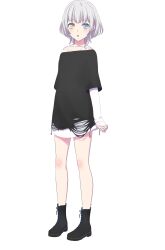 Rule 34 | 1girl, :o, bang dream!, bang dream! it&#039;s mygo!!!!!, bare legs, black footwear, black shirt, blush, boots, collarbone, full body, grey eyes, heterochromia, highres, kaname raana, layered sleeves, long sleeves, looking at viewer, off shoulder, official art, open mouth, shirt, short hair, short over long sleeves, short sleeves, simple background, sleeves past wrists, solo, tachi-e, transparent background, white hair, white shirt, yellow eyes