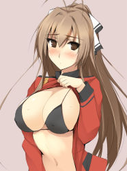 Rule 34 | 10s, 1girl, amagi brilliant park, bikini, bikini under clothes, black bikini, blush, bow, breasts, brown eyes, brown hair, cleavage, clothes lift, female focus, hair bow, large breasts, long hair, looking at viewer, navel, ponytail, sento isuzu, shirt lift, simple background, sketch, solo, swimsuit, swimsuit under clothes, zekkyon