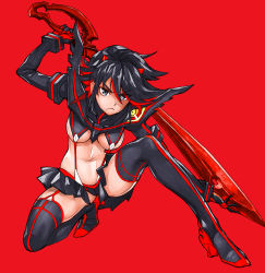 Rule 34 | 10s, 1girl, black hair, boots, breasts, full body, gloves, high heel boots, high heels, highres, kill la kill, looking at viewer, matoi ryuuko, matsuryuu, multicolored hair, navel, red background, red hair, revealing clothes, scissor blade (kill la kill), senketsu, short hair, simple background, skirt, solo, suspenders, sword, thighhighs, two-tone hair, weapon