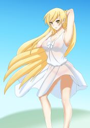 Rule 34 | 1girl, blonde hair, blue background, blue sky, bow, breasts, cleavage, day, drawfag, dress, hand in own hair, highres, kiss-shot acerola-orion heart-under-blade, long hair, long legs, looking at viewer, medium breasts, monogatari (series), oshino shinobu, outdoors, panties, pointy ears, see-through, sky, smile, solo, standing, underwear, very long hair, white bow, white dress, yellow eyes