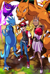 Rule 34 | 1boy, ash ketchum, bad id, bad pixiv id, baseball cap, boxing gloves, charizard, child, clenched hand, creatures (company), denim, flame-tipped tail, game freak, gen 1 pokemon, gengar, golduck, hand on own hip, hat, highres, hip focus, hitmonchan, holding, holding poke ball, jeans, manly, nintendo, pants, pikachu, poke ball, pokemon, pokemon (anime), pokemon (creature), popqn, red (pokemon)