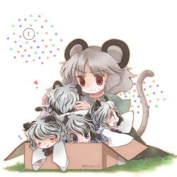 Rule 34 | !, 2girls, alternate color, animal ears, bad id, bad pixiv id, biyon, blush, box, capelet, cardboard box, chibi, female focus, grey hair, if they mated, in box, in container, kemonomimi mode, mouse (animal), mouse ears, mouse tail, multiple girls, multiple persona, nazrin, open mouth, purple eyes, red eyes, short hair, skirt, sleeping, smile, tail, tiger ears, tiger tail, toramaru shou, touhou