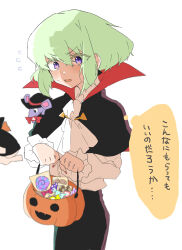 Rule 34 | 1boy, absurdres, ascot, bag, black capelet, black pants, blush, candy, capelet, earrings, flying sweatdrops, food, frilled sleeves, frills, green hair, halloween, halloween bucket, halloween costume, hat, high collar, highres, holding, holding bag, jack-o&#039;-lantern, jewelry, lio fotia, looking at viewer, mouse (animal), open mouth, pants, promare, pumpkin, purple eyes, shirt, short hair, sidelocks, simple background, single earring, sweatdrop, thought bubble, translation request, trap, tyooka3244, v-shaped eyebrows, vampire costume, vinny (promare), white ascot, white background, white shirt, witch hat