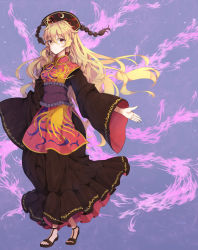 Rule 34 | 1girl, bad id, bad pixiv id, black dress, blonde hair, chinese clothes, crescent, dress, fire, furapechi, hat, highres, junko (touhou), long hair, long sleeves, looking at viewer, red eyes, ribbon, sandals, sash, solo, tabard, touhou, very long hair, wide sleeves