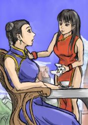 Rule 34 | 2girls, berujaman, black hair, braid, chair, china dress, chinese clothes, controller, crossover, cup, dead or alive, double bun, dress, earrings, female focus, game console, game controller, gamepad, jewelry, lei fang, long hair, multiple girls, no bangs, pai chan, side slit, sidelocks, sitting, teacup, tecmo, trait connection, twin braids, virtua fighter, xbox 360