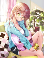 Rule 34 | 1girl, arm up, black shorts, blue hoodie, breasts, brown hair, cellphone, checkered pillow, cleavage, coffee mug, commentary request, controller, couch, cup, curtains, day, feet out of frame, game controller, glasses, green eyes, grin, hand on own face, head tilt, highres, holding, holding controller, holding game controller, holding pillow, hood, hood down, hoodie, indoors, leg up, lens flare, long hair, looking at viewer, maronie., medium breasts, mug, on couch, open clothes, open hoodie, original, phone, pillow, semi-rimless eyewear, shirt, shorts, sitting, sleeves past wrists, smartphone, smile, solo, tree, under-rim eyewear, white shirt, window, yellow-framed eyewear