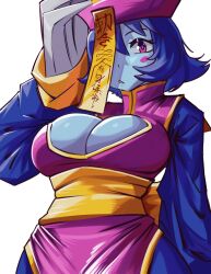 Rule 34 | 1girl, absurdres, blue hair, blue skin, blush stickers, breasts, chinese clothes, claws, cleavage, cleavage cutout, clothing cutout, colored skin, commentary, dress, english commentary, hat, highres, jiangshi, large breasts, lei lei, long sleeves, moxydraws, ofuda, ofuda on head, parted lips, pink dress, pink eyes, pink hat, qingdai guanmao, short hair, solo, undead, vampire (game), white background