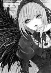 Rule 34 | 1girl, commentary request, dress, expressionless, feathered wings, gothic lolita, greyscale, hairband, juliet sleeves, kiru (m putorius), lolita fashion, lolita hairband, long hair, long sleeves, looking to the side, monochrome, parted lips, puffy sleeves, rozen maiden, solo, suigintou, upper body, wings