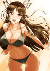 Rule 34 | 10s, 1girl, alternate costume, arms at sides, bikini, blunt bangs, breasts, brown eyes, brown hair, cleavage, collarbone, gluteal fold, grey bikini, hair ribbon, hiyou (kancolle), kantai collection, large breasts, leaning forward, long hair, makumaxu, midriff, navel, open mouth, parted bangs, ribbon, skindentation, solo, stomach, swimsuit, thighs