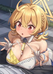 Rule 34 | 1boy, 1girl, absurdres, ahoge, bare shoulders, blonde hair, blue archive, blush, braid, breasts, breasts squeezed together, cheerleader, cleavage, collarbone, cum, ejaculation, fingerless gloves, gloves, halo, hetero, highres, kotori (blue archive), kotori (cheer squad) (blue archive), large breasts, low twintails, millennium cheerleader outfit (blue archive), momo no sukebe, open mouth, paizuri, paizuri under clothes, penis, red eyes, short hair, single braid, solo focus, sweat, twintails, white gloves
