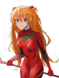 Rule 34 | 1girl, absurdres, blue eyes, bodysuit, breasts, brown hair, headgear, highres, holding, holding weapon, interface headset, juicy, lance of longinus (evangelion), long hair, looking at viewer, medium breasts, neon genesis evangelion, pilot suit, plugsuit, red bodysuit, shiny clothes, simple background, solo, souryuu asuka langley, very long hair, weapon, white background