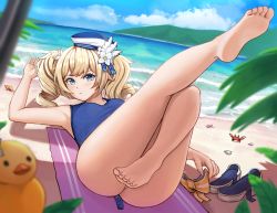 Rule 34 | 1girl, absurdres, armpits, barbara (genshin impact), barbara (summertime sparkle) (genshin impact), bare legs, bare shoulders, barefoot, beach, bird, blonde hair, blue eyes, blue sky, bow, bowtie, breasts, crab, day, duck, flower, full body, genshin impact, hair flower, hair ornament, hat, high heels, highres, leg up, legs, looking at viewer, lying, matmaj, ocean, official alternate costume, on back, one-piece swimsuit, outdoors, rubber duck, sailor hat, sky, starfish, swimsuit, toenails, toes, twintails