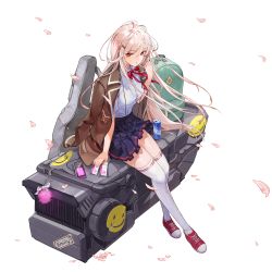 Rule 34 | 1girl, backpack, bag, blazer, blonde hair, character name, cherry blossoms, earbuds, earphones, emily (last origin), full body, game cg, hair between eyes, hair ornament, hairclip, highres, huge weapon, jacket, last origin, long hair, looking at viewer, official art, pleated skirt, ribbon, rorobomb, school uniform, shirt, shoes, sitting, skirt, smiley face, sneakers, solo, tachi-e, thighhighs, transparent background, very long hair, weapon, white thighhighs