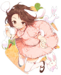 Rule 34 | 1girl, animal ears, bad id, bad pixiv id, bracelet, brown eyes, brown hair, buriki, carrot, female focus, foreshortening, full body, inaba tewi, jewelry, mary janes, pendant, rabbit, rabbit ears, rabbit girl, rabbit tail, ribbon-trimmed clothes, ribbon-trimmed legwear, ribbon trim, shoes, short hair, short sleeves, smile, solo, tail, thighhighs, touhou, white thighhighs