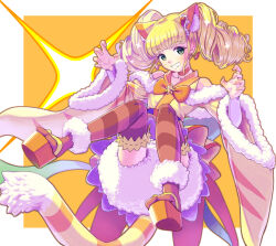 Rule 34 | 1girl, animal ear fluff, animal ears, artistic error, blonde hair, blunt bangs, clothing cutout, cure sparkle, cure sparkle (partner form), drill hair, earrings, floating hair, fur-trimmed sleeves, fur trim, green eyes, grin, healin&#039; good precure, highres, hiramitsu hinata, japanese clothes, jewelry, kemonomimi mode, kimono, long hair, long sleeves, magical girl, orange kimono, orange thighhighs, precure, shorts, shoulder cutout, shrimp1634, smile, solo, striped clothes, striped thighhighs, tabi, tail, thighhighs, tiger ears, tiger tail, twin drills, twintails, white shorts, wide sleeves, wrong foot