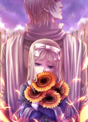 Rule 34 | 00s, 1boy, 1girl, axis powers hetalia, back, back-to-back, bad id, bad pixiv id, belarus (hetalia), blonde hair, blue eyes, couple, flower, gloves, hair ribbon, height difference, hetero, highres, long hair, naughty face, petals, ribbon, russia (hetalia), sasano shiki, short hair, siblings, size difference, sky, smile, sunflower, tall