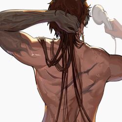 Rule 34 | 1boy, arknights, back, black skin, brown hair, chong yue (arknights), colored skin, completely nude, dark-skinned male, dark skin, from behind, goro wulu, highres, holding, long hair, male focus, nude, scar, scar on back, shower head, simple background, solo, upper body, white background