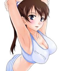 Rule 34 | 1girl, armpits, arms up, blue eyes, blush, breasts, brown hair, cleavage, large breasts, long hair, panties, ponytail, smile, solo, sports bra, striped clothes, striped panties, true tears, underwear, yuasa hiromi