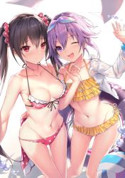 Rule 34 | 2girls, ;d, arm up, ball, bikini, black hair, blush, breasts, choujigen game neptune, collarbone, cropped jacket, frilled bikini, frills, front-tie bikini top, front-tie top, goggles, goggles on head, hair between eyes, hand on ass, hand up, highres, hip focus, jacket, long hair, looking at viewer, medium breasts, multiple girls, navel, neptune (neptunia), neptune (series), noire (neptunia), one eye closed, open clothes, open jacket, open mouth, parfaitlate, pink bikini, purple eyes, purple hair, red eyes, short hair, side-tie bikini bottom, sidelocks, smile, swimsuit, thighs, tsurime, twintails, volleyball (object), water drop, yellow bikini