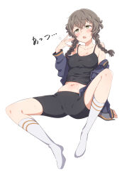Rule 34 | 1girl, amane suzuha, bike shorts, black camisole, black jacket, braid, breasts, brown hair, camisole, cleavage, collarbone, eitopondo, fanning self, highres, jacket, kneehighs, long hair, long sleeves, looking up, medium breasts, navel, open clothes, open jacket, open mouth, simple background, sitting, socks, solo, spread legs, steins;gate, sweat, translation request, twin braids, white background, white socks, yellow eyes