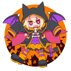 Rule 34 | 1girl, animal ears, animal hood, black footwear, black jacket, blonde hair, bow, candy, candy wrapper, cape, commentary request, demon tail, demon wings, fake animal ears, food, full body, hair between eyes, highres, hood, hood up, hooded jacket, jacket, kemomimi-chan (naga u), lollipop, long hair, long sleeves, looking at viewer, naga u, open clothes, open jacket, open mouth, orange skirt, original, pantyhose, pink cape, pleated skirt, purple bow, purple shirt, purple wings, red eyes, shirt, shoes, skirt, sleeves past fingers, sleeves past wrists, solo, striped clothes, striped pantyhose, swirl lollipop, tail, tail bow, tail ornament, v-shaped eyebrows, wavy mouth, wings