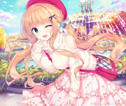 Rule 34 | 1girl, ;d, bag, beret, between breasts, black bow, blue eyes, blue sky, blush, bow, breasts, clothing cutout, cloud, day, floral print, fountain, hair bow, handbag, hat, highres, kimishima ao, large breasts, leaning forward, light brown hair, long hair, long sleeves, looking at viewer, one eye closed, open mouth, original, outdoors, park, pink skirt, plaid bag, print skirt, red hat, ribbed sweater, rose print, saijo melia, shoulder bag, shoulder cutout, skirt, sky, sleeves past wrists, smile, solo, strap between breasts, sweater, turtleneck, turtleneck sweater, very long hair, water, white bow, white sweater