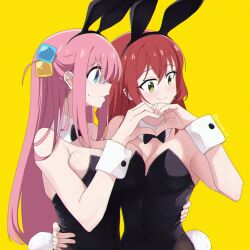 Rule 34 | 2girls, animal ears, artist name, black bow, black bowtie, black leotard, blue eyes, bocchi the rock!, bow, bowtie, breast press, breasts, cleavage, commentary, cube hair ornament, detached collar, fake animal ears, from side, gotoh hitori, green eyes, hair between eyes, hair ornament, hand on another&#039;s hip, hands up, heart, heart hands, heart hands duo, highres, inkspirate, instagram username, kita ikuyo, large breasts, leotard, long hair, looking to the side, multiple girls, one side up, pantyhose, pink hair, playboy bunny, profile, red hair, smile, strapless, strapless leotard, symmetrical docking, white wrist cuffs, wrist cuffs, yellow background
