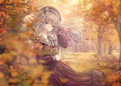 Rule 34 | 1girl, :d, arm up, autumn, autumn leaves, beret, black ribbon, blue eyes, blurry, blurry foreground, blush, book, bow, brooch, brown dress, brown hat, building, commentary request, day, depth of field, dress, fence, frilled dress, frills, grey bow, grey hair, hand on headwear, hat, hat bow, highres, holding, holding book, jewelry, long sleeves, looking at viewer, missile228, neck ribbon, open mouth, original, outdoors, puffy long sleeves, puffy sleeves, ribbon, smile, solo, tree
