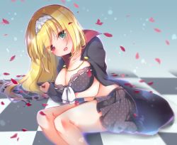 Rule 34 | 1girl, aqua eyes, arm support, black cape, black shirt, black skirt, blonde hair, blue background, blush, breasts, cape, checkered floor, cleavage, collarbone, crop top, dracu-riot!, fang, female focus, gattengou, gradient background, hairband, happy, heterochromia, highres, large breasts, leaning to the side, legs together, looking at viewer, midriff, miniskirt, nicola cepheus, on floor, open mouth, petals, polka dot, polka dot skirt, purple outline, red eyes, ribbon-trimmed shirt, ribbon trim, shirt, sidelocks, sitting, skirt, smile, solo, two-sided cape, two-sided fabric, unmoving pattern, white hairband