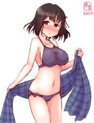 Rule 34 | 1girl, artist logo, bikini, black hair, blush, brown eyes, collarbone, commentary request, dated, embarrassed, haguro (kancolle), hair ornament, halterneck, halterneck, highres, kanon (kurogane knights), kantai collection, looking at viewer, plaid, plaid sarong, purple bikini, purple sarong, sarong, short hair, side-tie bikini bottom, simple background, solo, standing, swimsuit, white background
