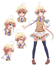 Rule 34 | 1girl, ahoge, antenna hair, bad id, bad pixiv id, black thighhighs, blonde hair, blouse, blue eyes, brown sweater vest, character sheet, commentary request, expressions, frills, full body, hair ornament, hairclip, hand on own hip, highres, ishida seito, jitome, long hair, looking at viewer, multiple views, necktie, open mouth, original, pleated skirt, school uniform, shirt, shoes, simple background, skirt, smile, standing, sweater vest, thighhighs, very long hair, vest, white background, white shirt