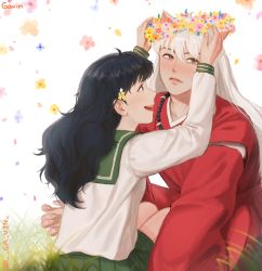 Rule 34 | 1boy, 1girl, animal ears, artist name, black hair, blurry, blush, brown eyes, depth of field, dog ears, fingernails, floral background, flower, gavin (jypic), grass, hair flower, hair ornament, head wreath, hetero, highres, higurashi kagome, inuyasha, inuyasha (character), japanese clothes, korean commentary, long hair, long sleeves, looking at another, looking away, open mouth, parted lips, school uniform, sharp fingernails, skirt, teeth, upper teeth only, white background, white hair, yellow eyes