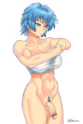Rule 34 | 1futa, artist name, bandages, bar censor, blaccura, blue eyes, blue hair, breasts, censored, denim, flaccid, full-package futanari, futanari, highres, jeans, large breasts, looking down, matching hair/eyes, muscular, navel, original, pants, penis, pubic hair, simple background, solo, testicles, thighs, toned, white background