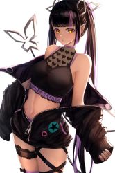 Rule 34 | 1girl, absurdres, black hair, black jacket, black ribbon, black shirt, blouse, blunt bangs, blush, breasts, cleavage, commentary request, cowboy shot, crop top, demon girl, demon horns, demon tail, heart, heart print, highres, horns, jacket, kojo anna, kojo anna (1st costume), leg ribbon, long hair, long sleeves, looking at viewer, medium breasts, midriff, mugi maccha, multicolored hair, nanashi inc., navel, off shoulder, open clothes, open jacket, open mouth, pointy ears, print shirt, purple hair, purple thighhighs, ribbon, russian text, see-through, see-through cleavage, see-through shirt, shirt, simple background, single thighhigh, sleeveless, sleeveless shirt, solo, sugar lyric, tail, thigh strap, thighhighs, twintails, two-tone hair, virtual youtuber, white background, yellow eyes, zipper