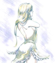 Rule 34 | 1girl, ass, back, bare shoulders, blonde hair, breasts, closed mouth, cowboy shot, dress, fuji coon, green dress, highres, long hair, median furrow, medium breasts, riesz, seiken densetsu, seiken densetsu 3, sideboob, simple background, solo, very long hair