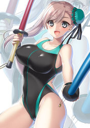Rule 34 | 1girl, asymmetrical hair, bare shoulders, black one-piece swimsuit, black ribbon, blue one-piece swimsuit, blush, breasts, bun cover, clothing cutout, collarbone, competition swimsuit, cowboy shot, fate/grand order, fate (series), foreshortening, from side, grey eyes, hair bun, hair ribbon, highleg, highleg swimsuit, highres, large breasts, long hair, looking at viewer, miyamoto musashi (fate), miyamoto musashi (fate/grand order), miyamoto musashi (swimsuit berserker) (fate), miyamoto musashi (swimsuit berserker) (first ascension) (fate), one-piece swimsuit, open mouth, pink hair, ribbon, side cutout, single side bun, smile, solo, standing, suzuki nene, swept bangs, swimsuit, thighs, toy sword, two-tone swimsuit