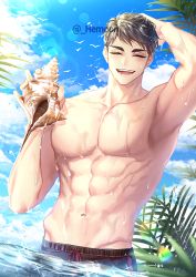 Rule 34 | 1boy, :d, abs, arm up, armpits, bad id, bad twitter id, beach, bird, black hair, black male swimwear, black swim trunks, blue sky, closed eyes, cloud, commentary, day, eyebrows, facing viewer, grey eyes, haikyuu!!, hand on own head, hemoon, holding, holding shell, male focus, male swimwear, male underwear, miya osamu, navel, ocean, open mouth, outdoors, palm tree, partially submerged, pectorals, seagull, shell, short hair, sky, smile, solo, summer, swim trunks, swimsuit, symbol-only commentary, teeth, toned, toned male, topless male, tree, twitter username, underwear, water, wet