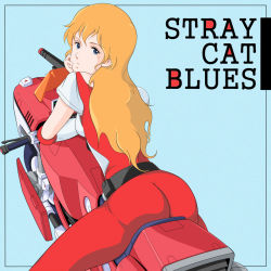 Rule 34 | 1980s (style), 1girl, arm guards, arm support, armor, ass, bad id, bad pixiv id, belt, biker clothes, bikesuit, blonde hair, blue background, blue eyes, bodysuit, cannon, head rest, houquet et rose, kikou souseiki mospeada, lady-steady-go, long hair, looking back, m1 bazooka, mecha, mospeada (mecha), motor vehicle, motorcycle, oldschool, power armor, retro artstyle, robot, robotech, rocket launcher, science fiction, sitting, solo, text focus, vehicle, waeba yuusee, weapon