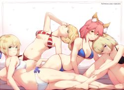 Rule 34 | 4girls, animal ear fluff, animal ears, arm support, artist name, artoria pendragon (fate), artoria pendragon (swimsuit archer) (fate), artoria pendragon (swimsuit archer) (first ascension) (fate), ass, bare arms, bare legs, bare shoulders, barefoot, bikini, black bikini, blonde hair, blue bikini, blue eyes, blue ribbon, braid, breasts, butt crack, cleavage, closed mouth, collarbone, commentary, criss-cross halter, english commentary, fate/grand order, fate (series), fox ears, french braid, green eyes, groin, hair intakes, hair ribbon, halterneck, hand on own head, head tilt, jeanne d&#039;arc (fate), jeanne d&#039;arc (ruler) (fate), jeanne d&#039;arc (swimsuit archer) (fate), jeanne d&#039;arc (swimsuit archer) (second ascension) (fate), kimoshi, kneepits, knees up, large breasts, leaning on person, legs, long hair, looking at viewer, lying, medium breasts, multiple girls, navel, nero claudius (fate), nero claudius (fate) (all), nero claudius (swimsuit caster) (fate), on side, pink hair, pixiv fate/grand order contest 2, red bikini, ribbon, side-tie bikini bottom, sidelocks, sitting, skindentation, smile, soles, striped bikini, striped clothes, swimsuit, tamamo (fate), tamamo no mae (swimsuit lancer) (fate), thighs, underboob, yellow eyes