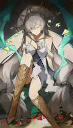 Rule 34 | 1girl, absurdly long hair, angelfish, arknights, bare shoulders, boots, closed eyes, closed mouth, dot nose, dress, expressionless, fish, front ponytail, full body, grey hair, hair ornament, hair over one eye, hair stick, hair tie, highres, knee boots, lch, long hair, low-tied long hair, night, night sky, off shoulder, official alternate costume, outdoors, phoenix crown, sitting, skadi (arknights), skadi the corrupting heart (arknights), skadi the corrupting heart (sublimation) (arknights), sky, star (sky), starry sky, tropical fish, very long hair, white dress, white headwear, yellow footwear