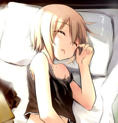Rule 34 | 1girl, drooling, erica hartmann, closed eyes, lowres, lying, on side, pillow, short hair, sleeping, solo, strike witches, tank top, tsuchii (ramakifrau), world witches series
