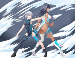 Rule 34 | 2girls, absurdres, ass, bare shoulders, black dress, black footwear, black hair, blue eyes, boots, breasts, character request, china dress, chinese clothes, covered erect nipples, dark-skinned female, dark skin, dress, full body, high heel boots, high heels, highres, holster, honkai (series), honkai impact 3rd, impossible clothes, impossible dress, large breasts, long hair, multiple girls, no panties, open mouth, outstretched arm, parted lips, pelvic curtain, personification, shiro haoto, silver hair, standing, thigh holster, thong, white dress, white footwear